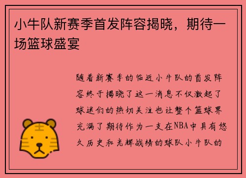 小牛队新赛季首发阵容揭晓，期待一场篮球盛宴
